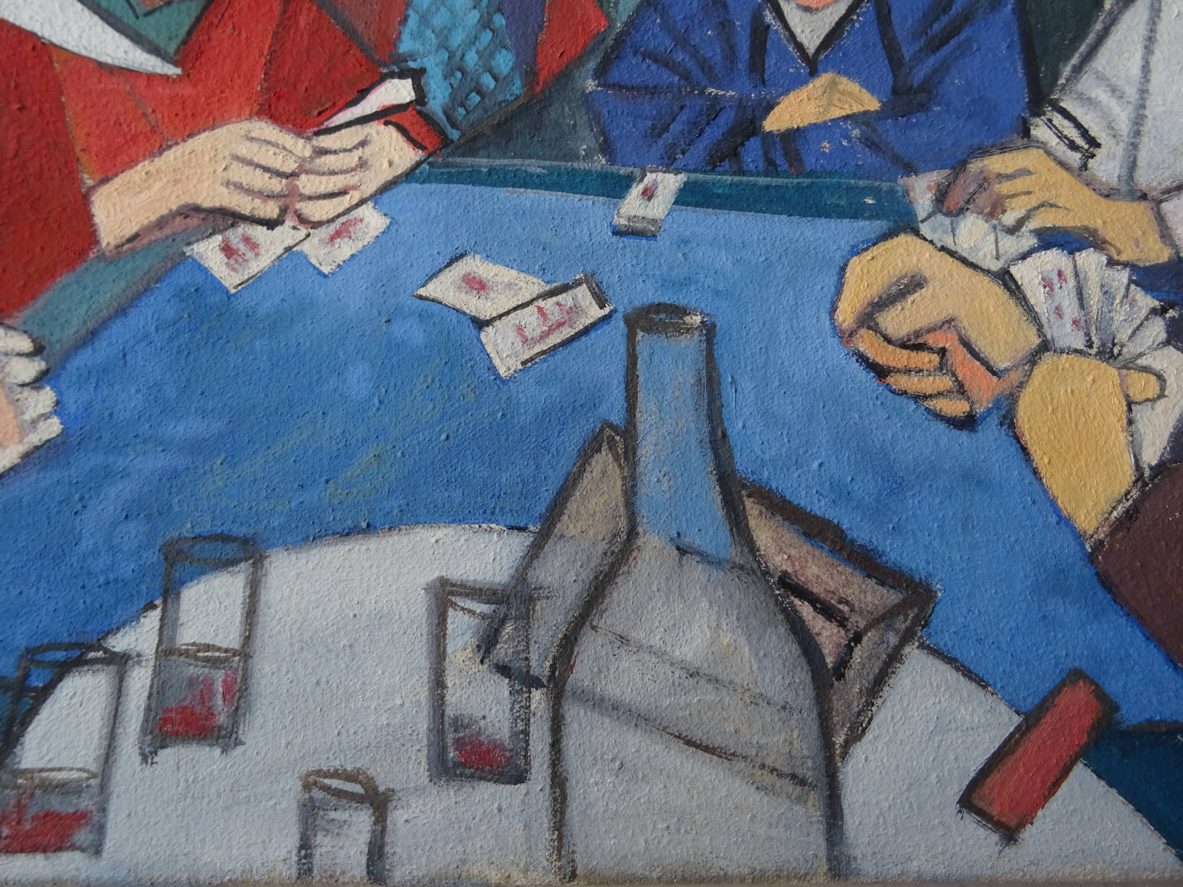 Painting The Card Players Canvas signed Nady Bachès year 60/70