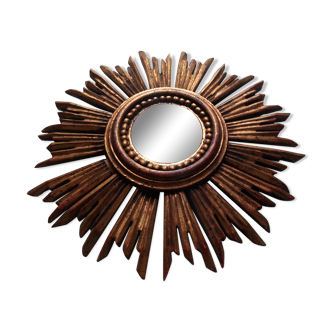 Miroir soleil sorcière bois doré, années 1950 - 33x33cm
