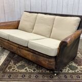Early 20th century leather club sofa - seat and back in modern fabric