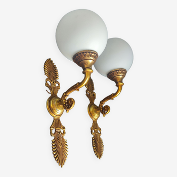 Pair of vintage brass and opaline wall lights