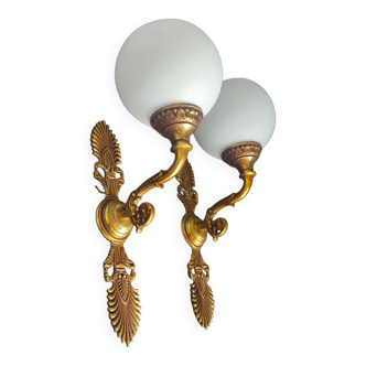 Pair of vintage brass and opaline wall lights