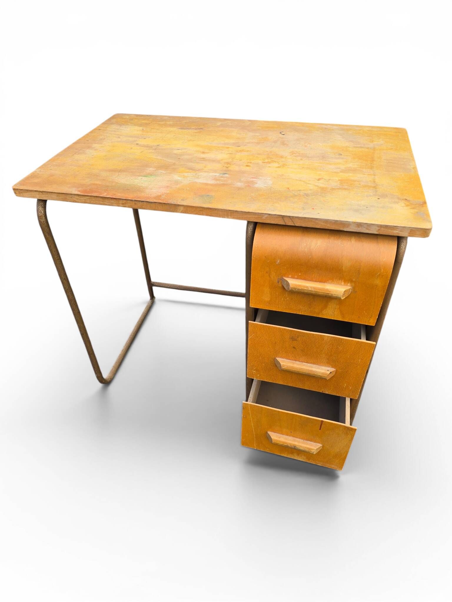 Vintage 1950s desk made of wood and metal with a 3-drawer unit.