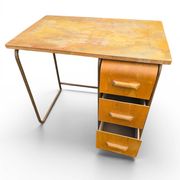 Vintage 1950s desk made of wood and metal with a 3-drawer unit.