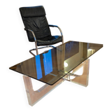 Table basse 1970 Michel Dumas Verre fumé et Plexiglass