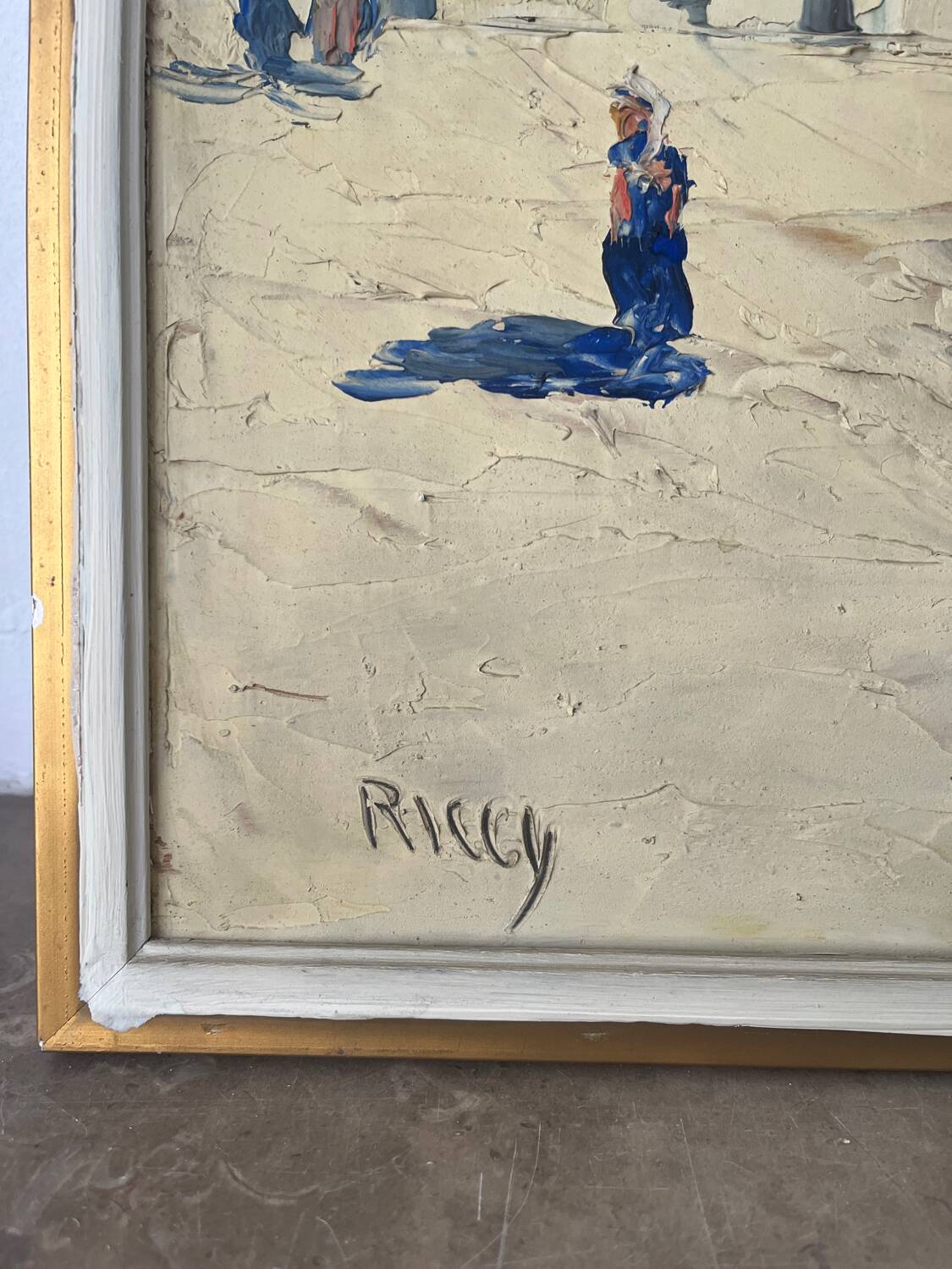 Marine, "Red Sail" technique with knife on panel signed Riccy.