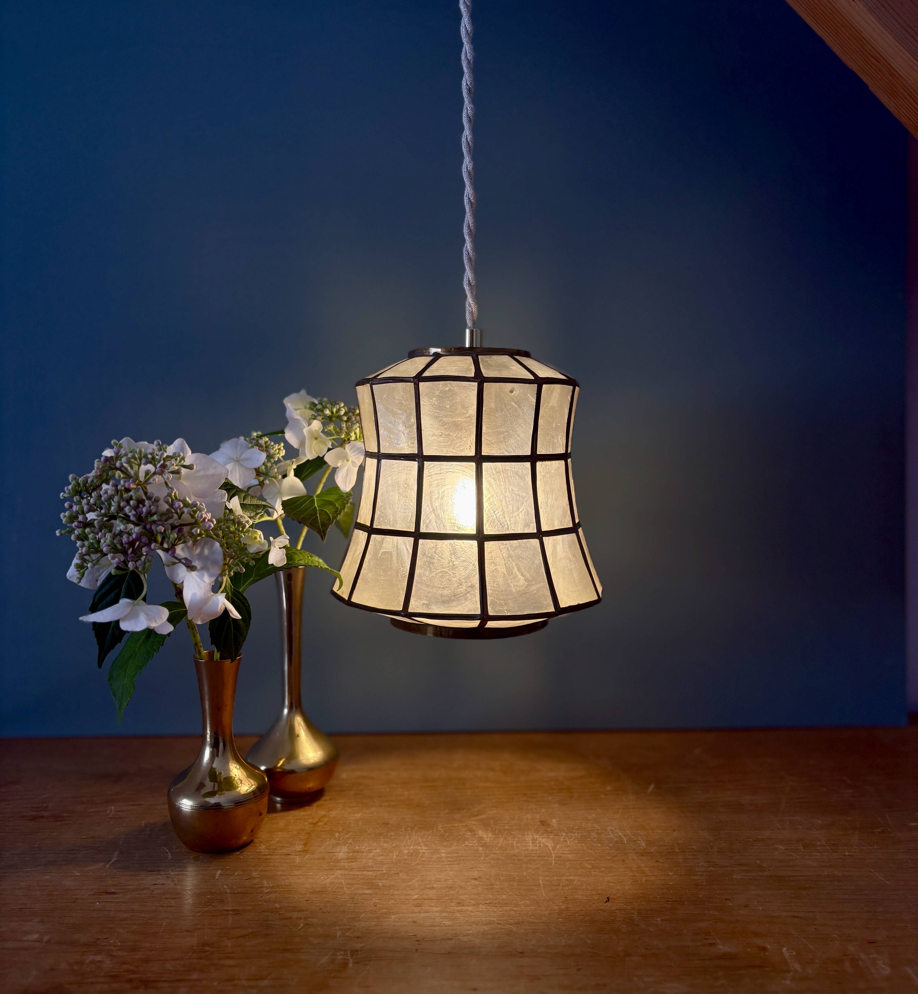 Vintage mother-of-pearl and brass lampshade pendant light