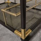 Black metal and brass rolling dessert trolley, smoked glass, 1970s.