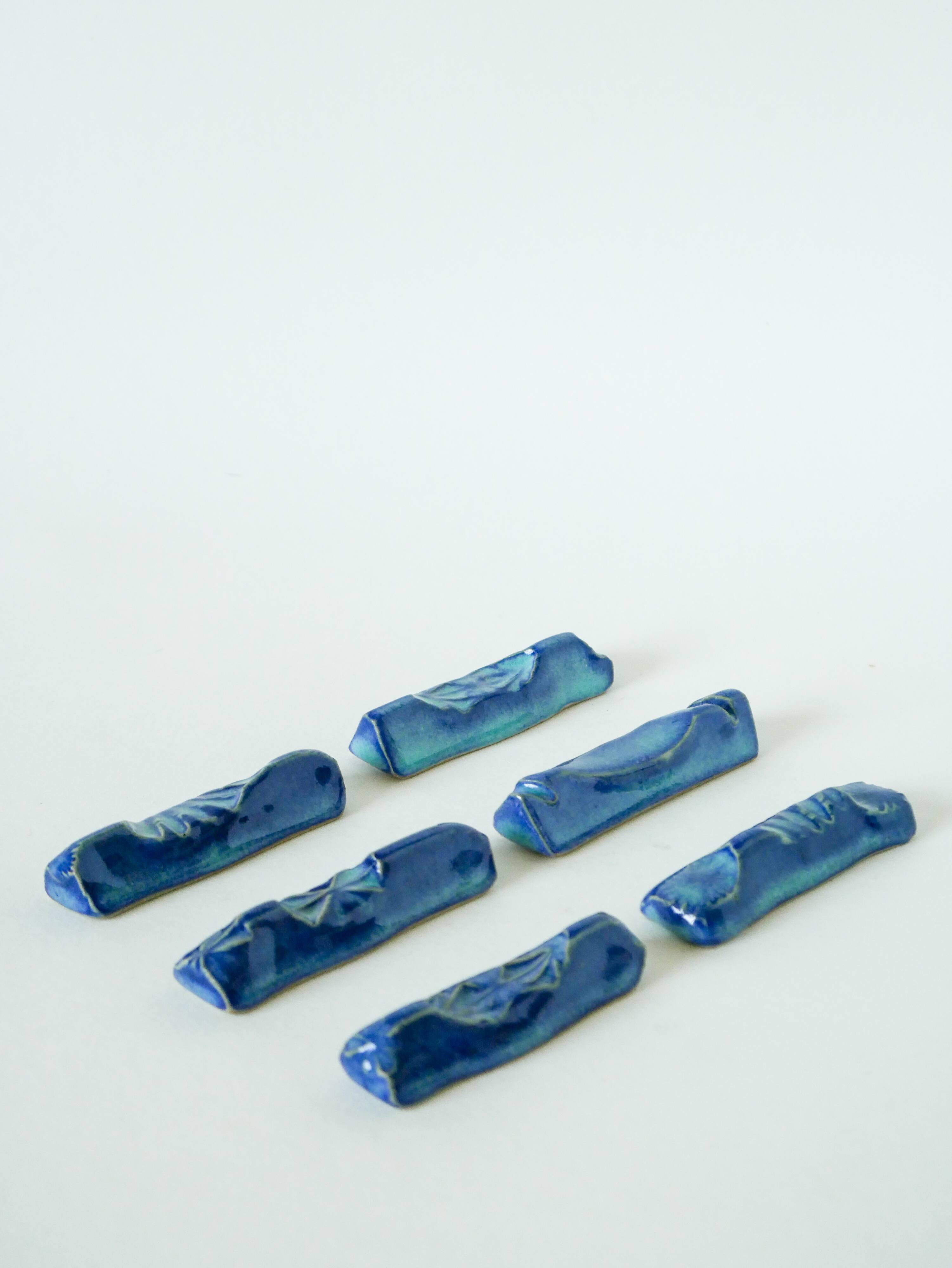 Set of 6 ceramic knife holders, handcrafted, Blue, 1970