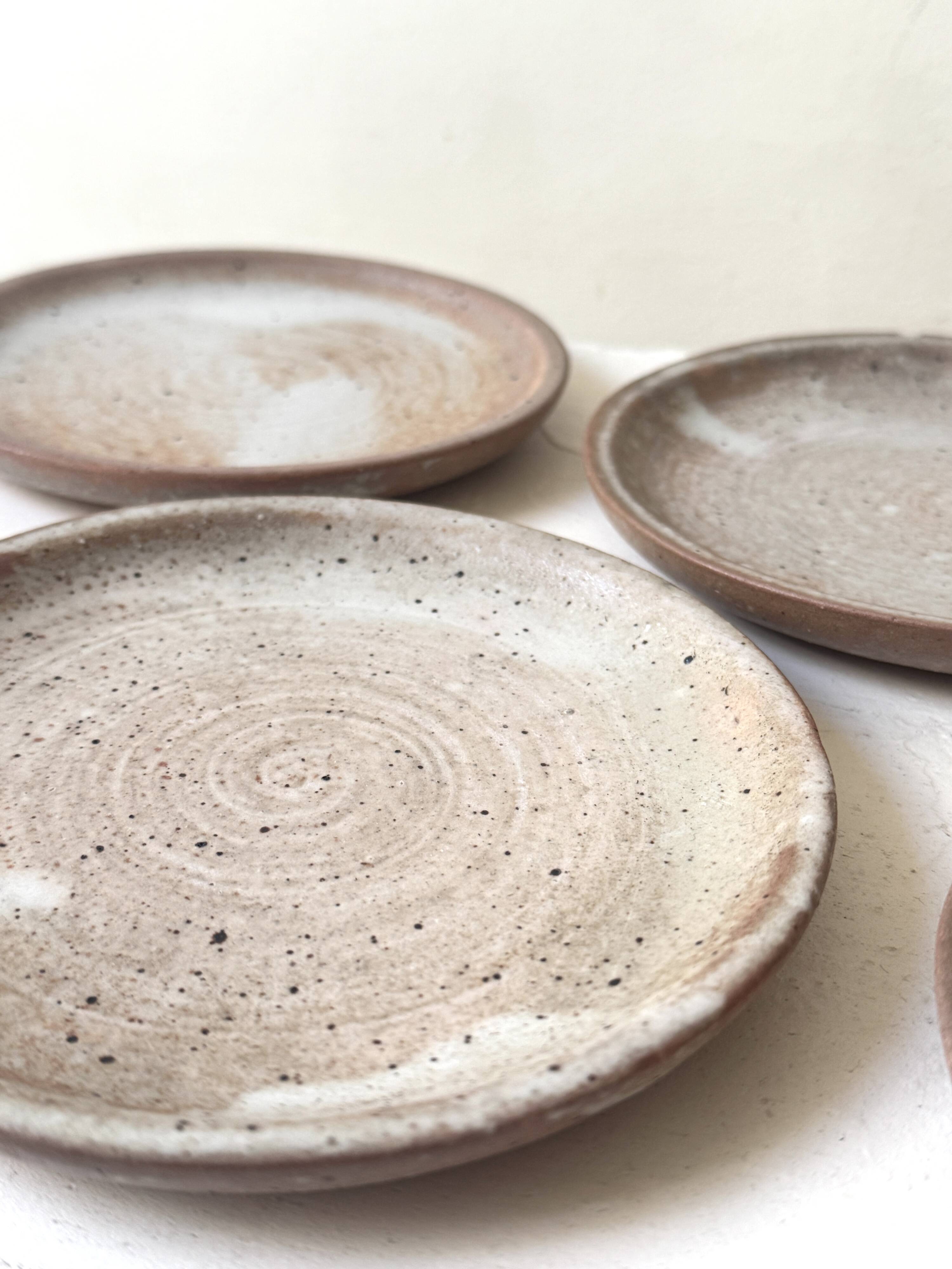 handmade ceramic dessert service in pyrite beige stoneware, France 1950