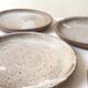 handmade ceramic dessert service in pyrite beige stoneware, France 1950