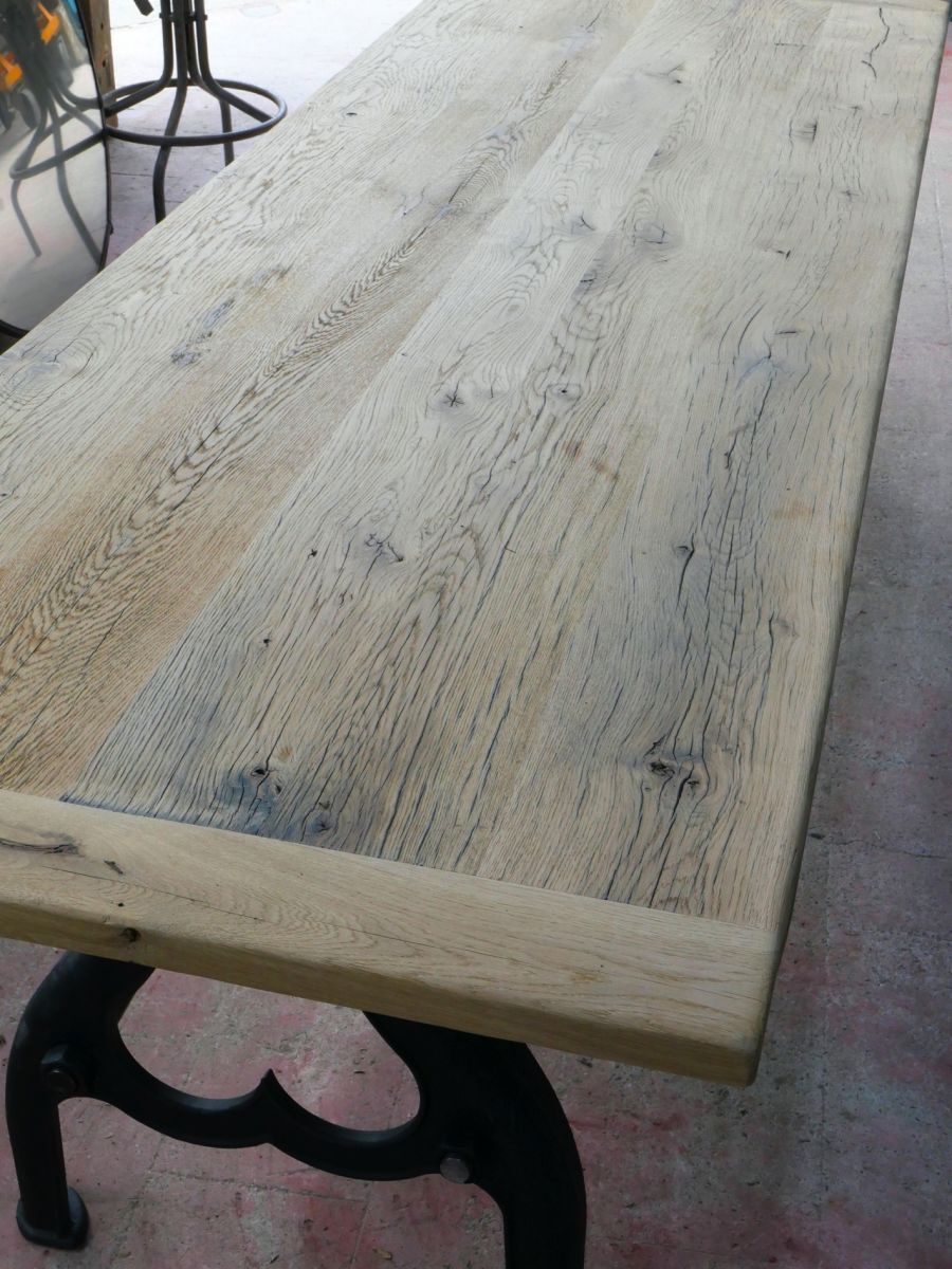 Industrial table solid oak tray and cast-iron footing