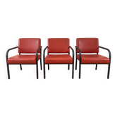 Set of 3 retro red leather and metal armchairs