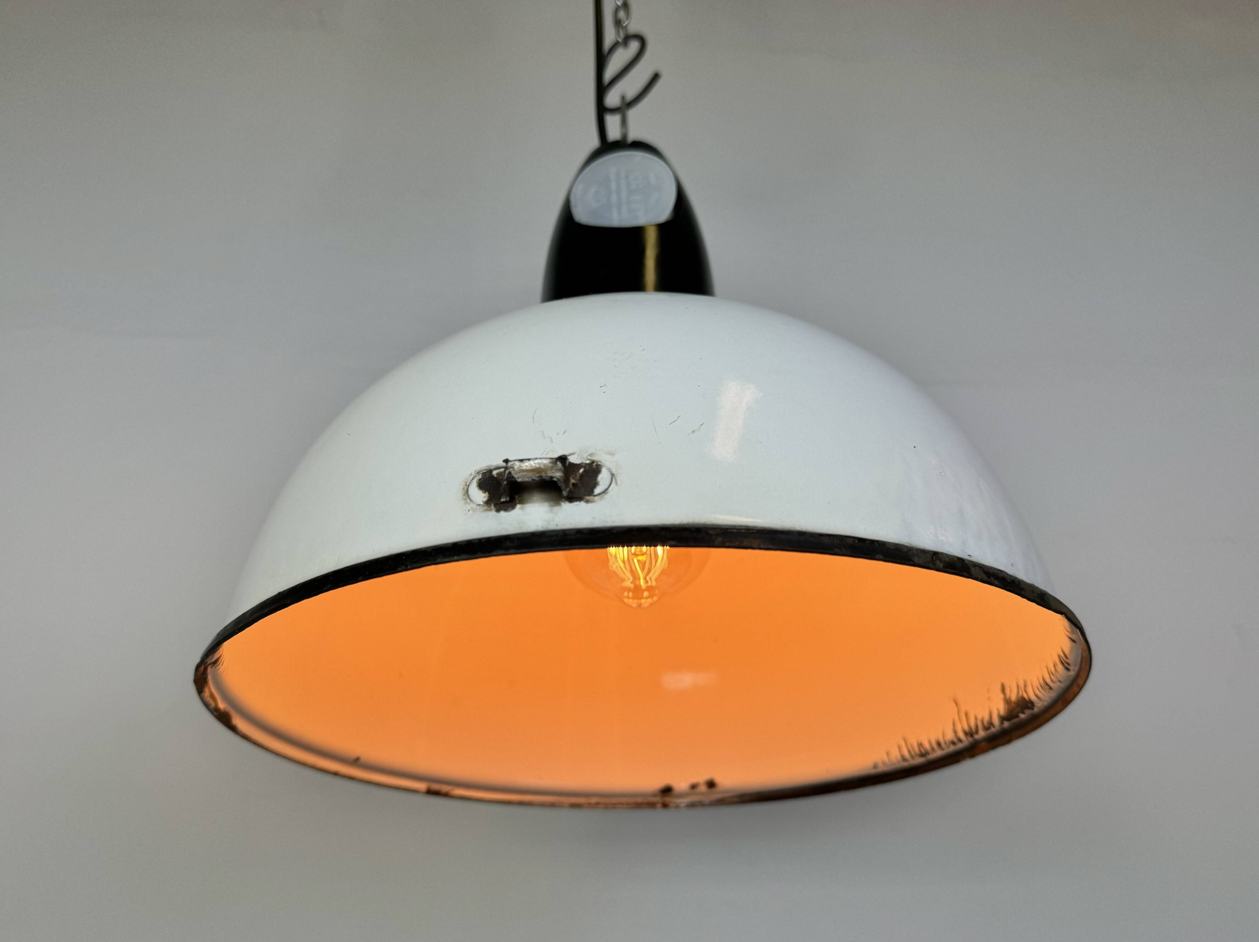 Industrial soviet white enamel pendant lamp, 1960s
