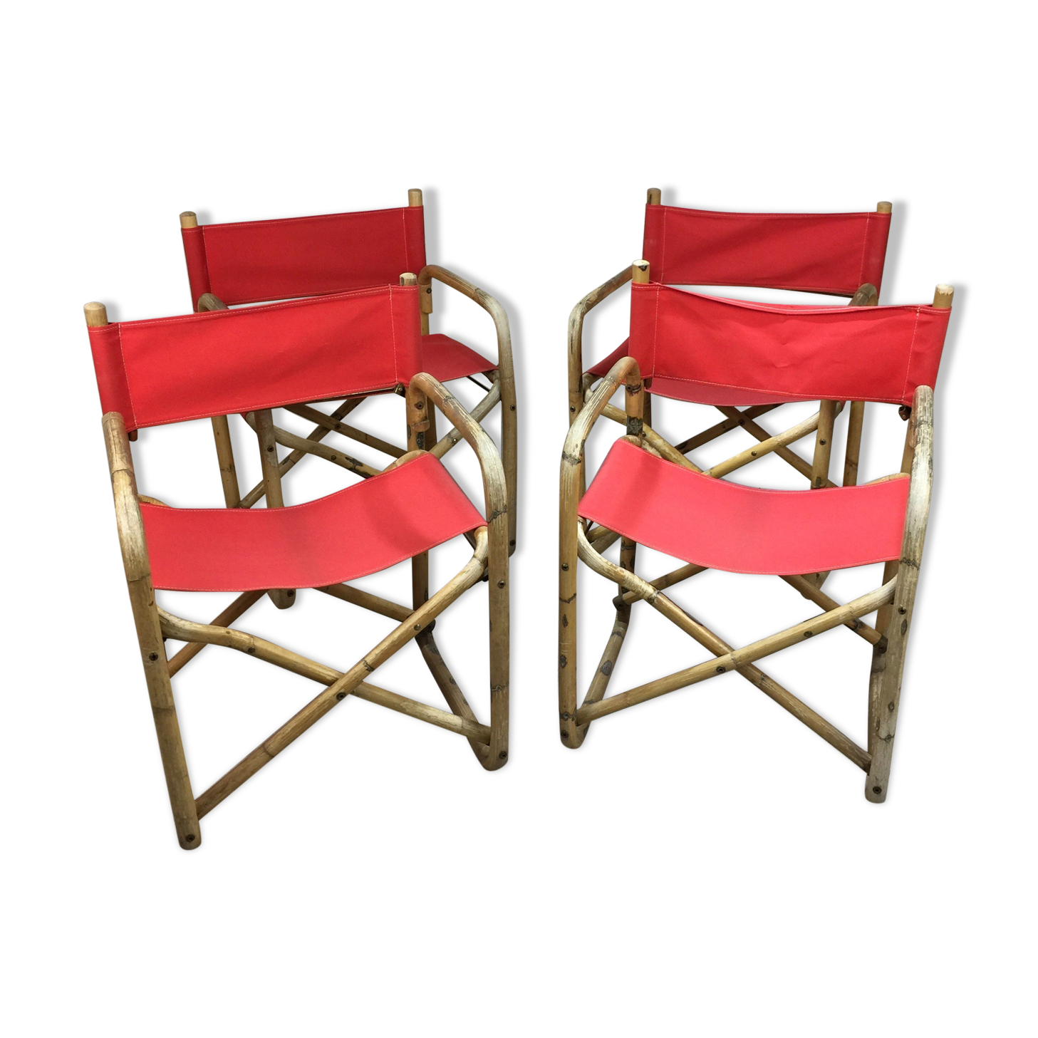 Lot of 4 chairs in rattan and red fabric, folding, 1960s