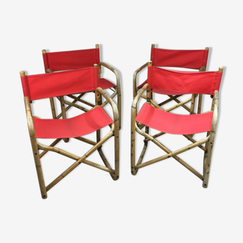Lot of 4 chairs in rattan and red fabric, folding, 1960s