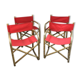 Lot of 4 chairs in rattan and red fabric, folding, 1960s