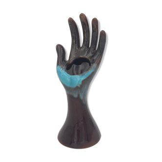 Vallauris France main baguier, ceramic, brown and blue jewellery holder, signed - 1970s