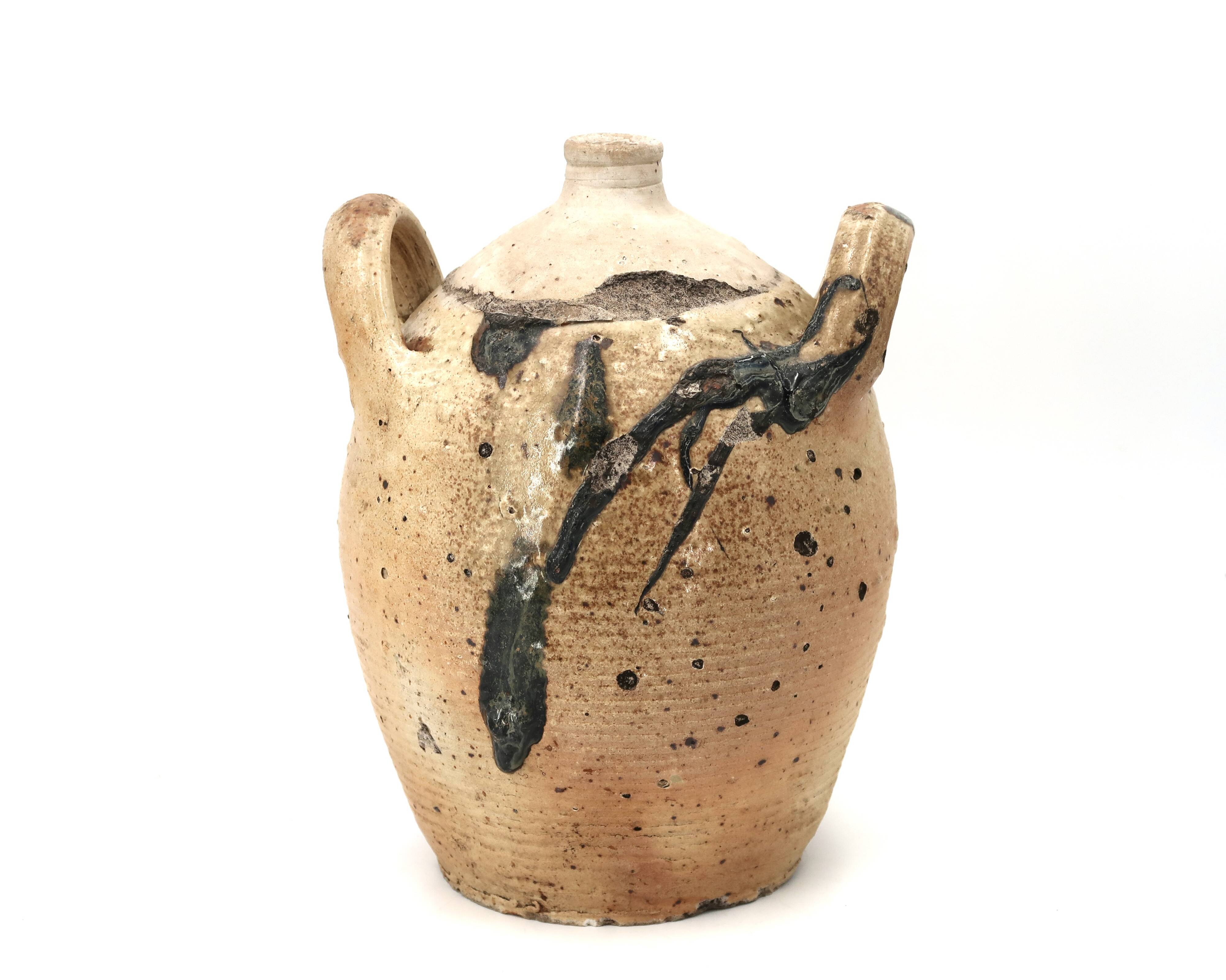 Traditional wabi-sabi stoneware ceramic jar with handles, 1900