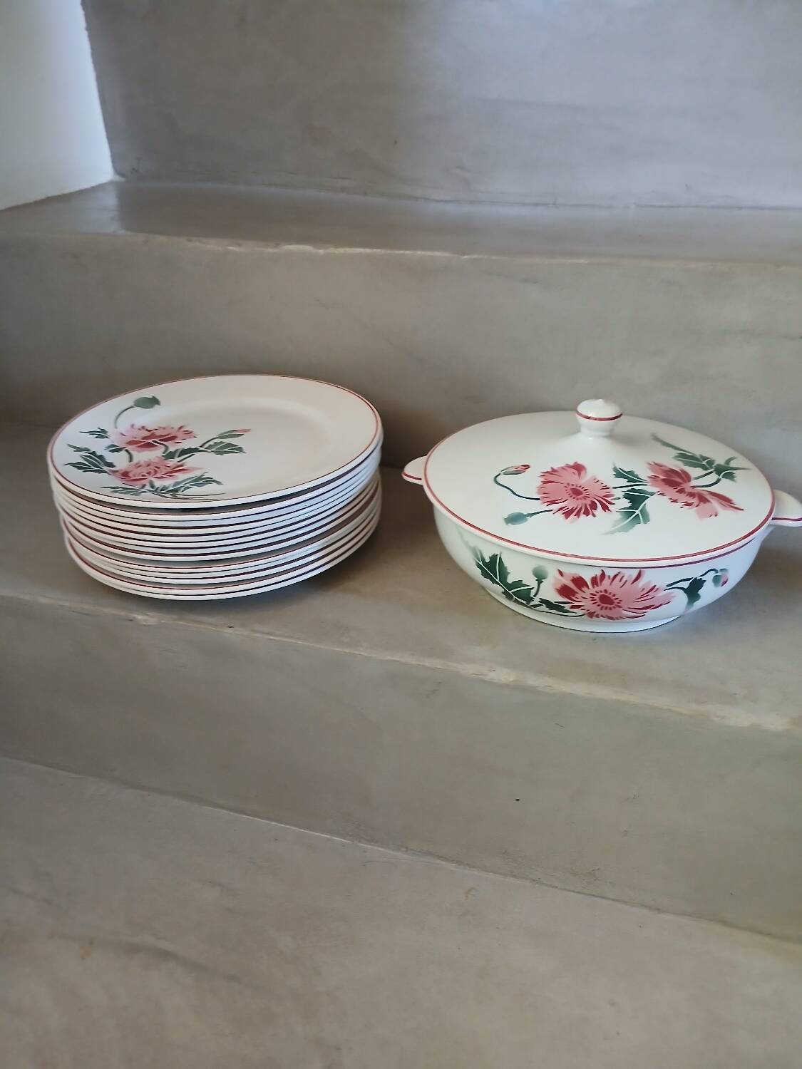 12 antique flat plates + HBCM soup tureen