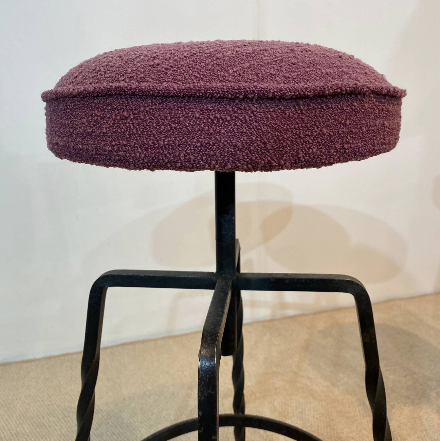 Pair Maroon Boucle Iron Swivel Bar Stools Midcentury Italian Vintage 1950s
