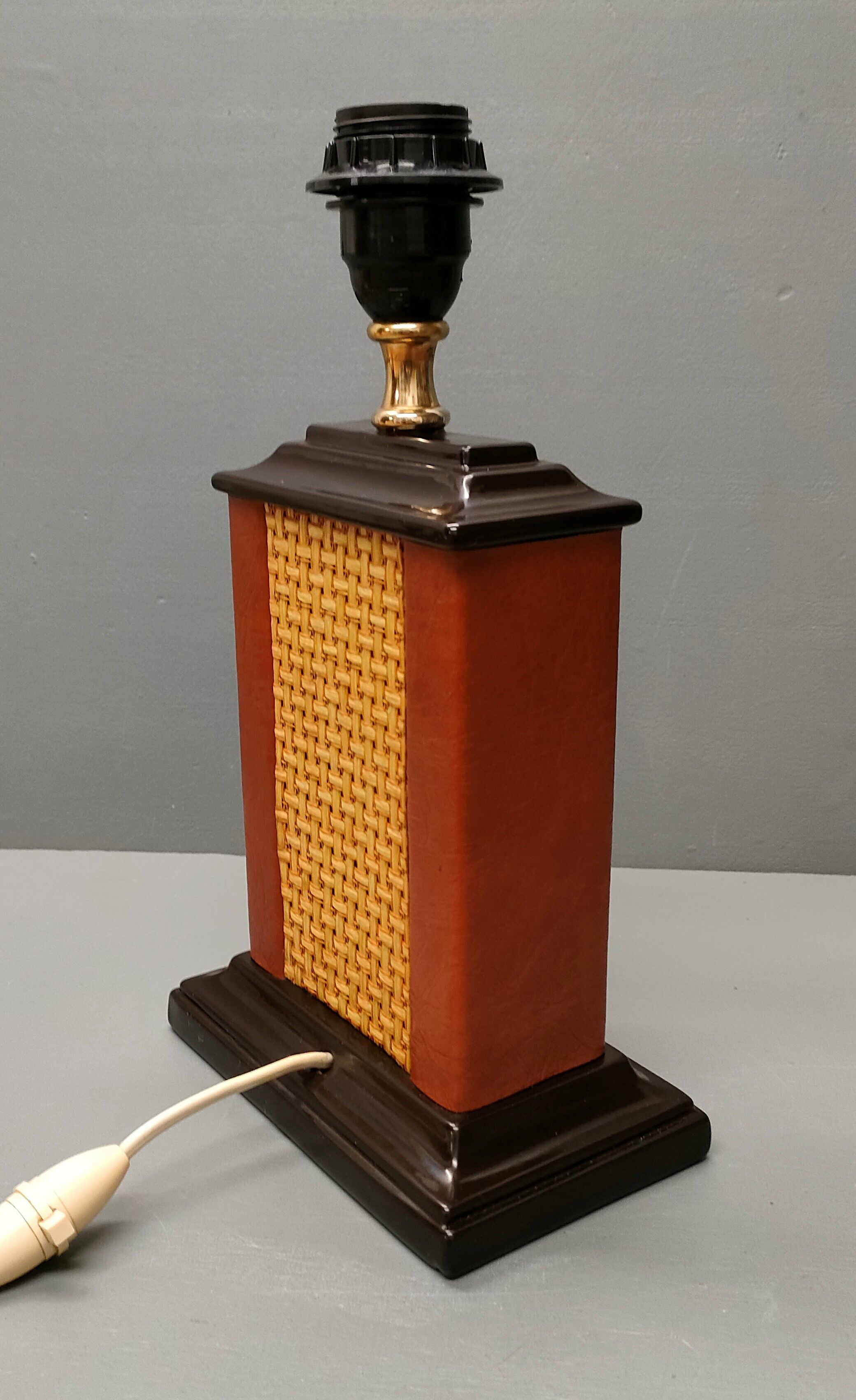 Lamp Le Dauphin black ceramic glazed, wicker canelé, imitation leather havana ~ 70's