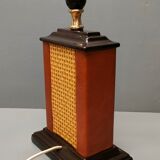 Lamp Le Dauphin black ceramic glazed, wicker canelé, imitation leather havana ~ 70's