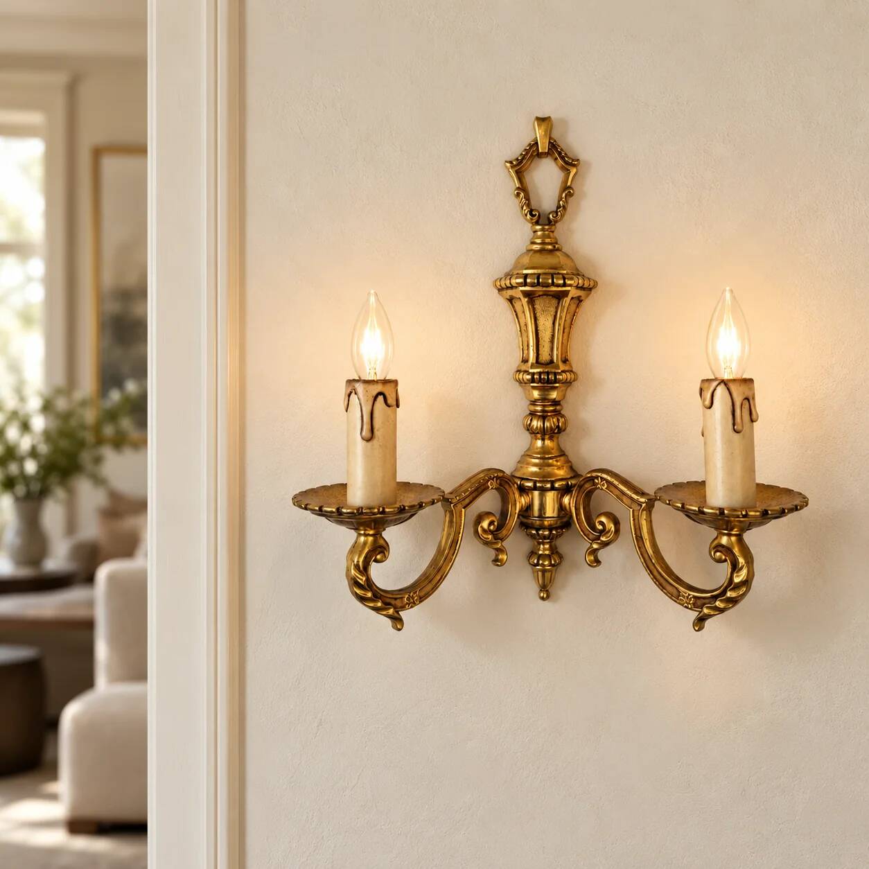 Set of four two-light wall sconces in gilded brass — Louis XVI style