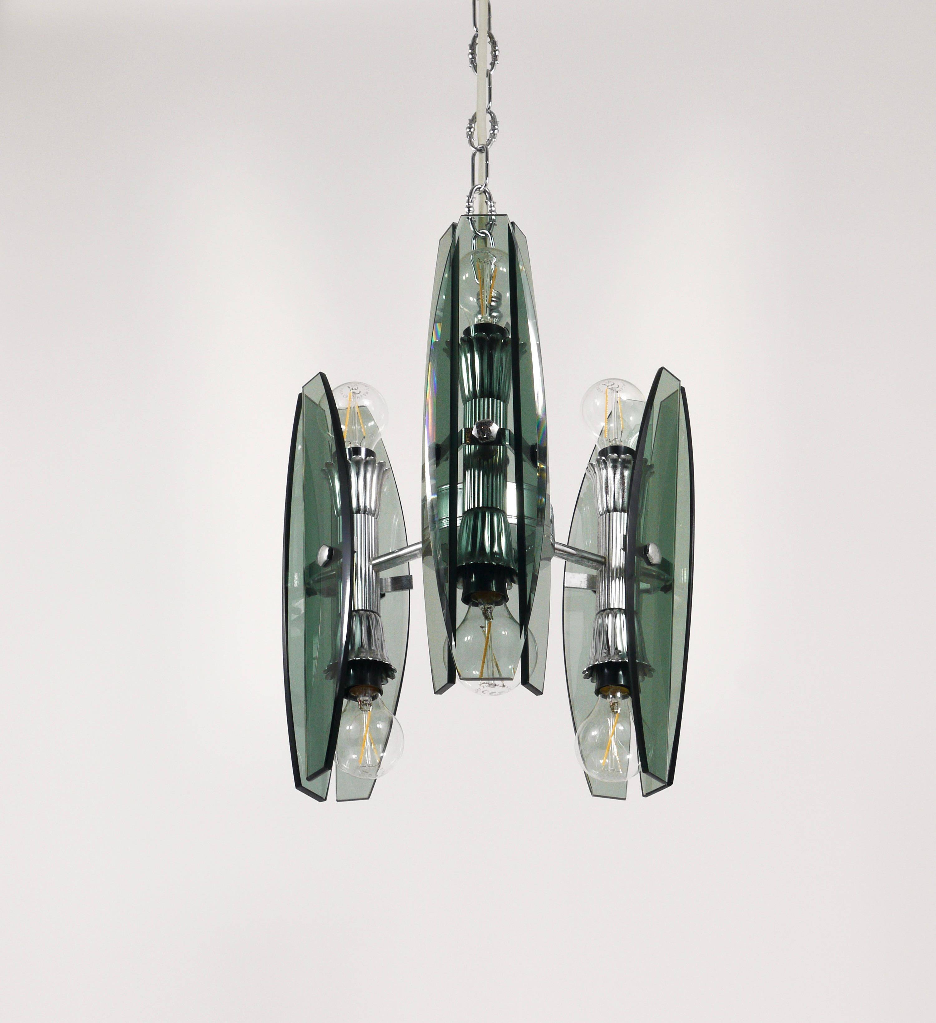 Glass and chrome suspension light in Fontana Arte style by Veca Murano, Italy.
