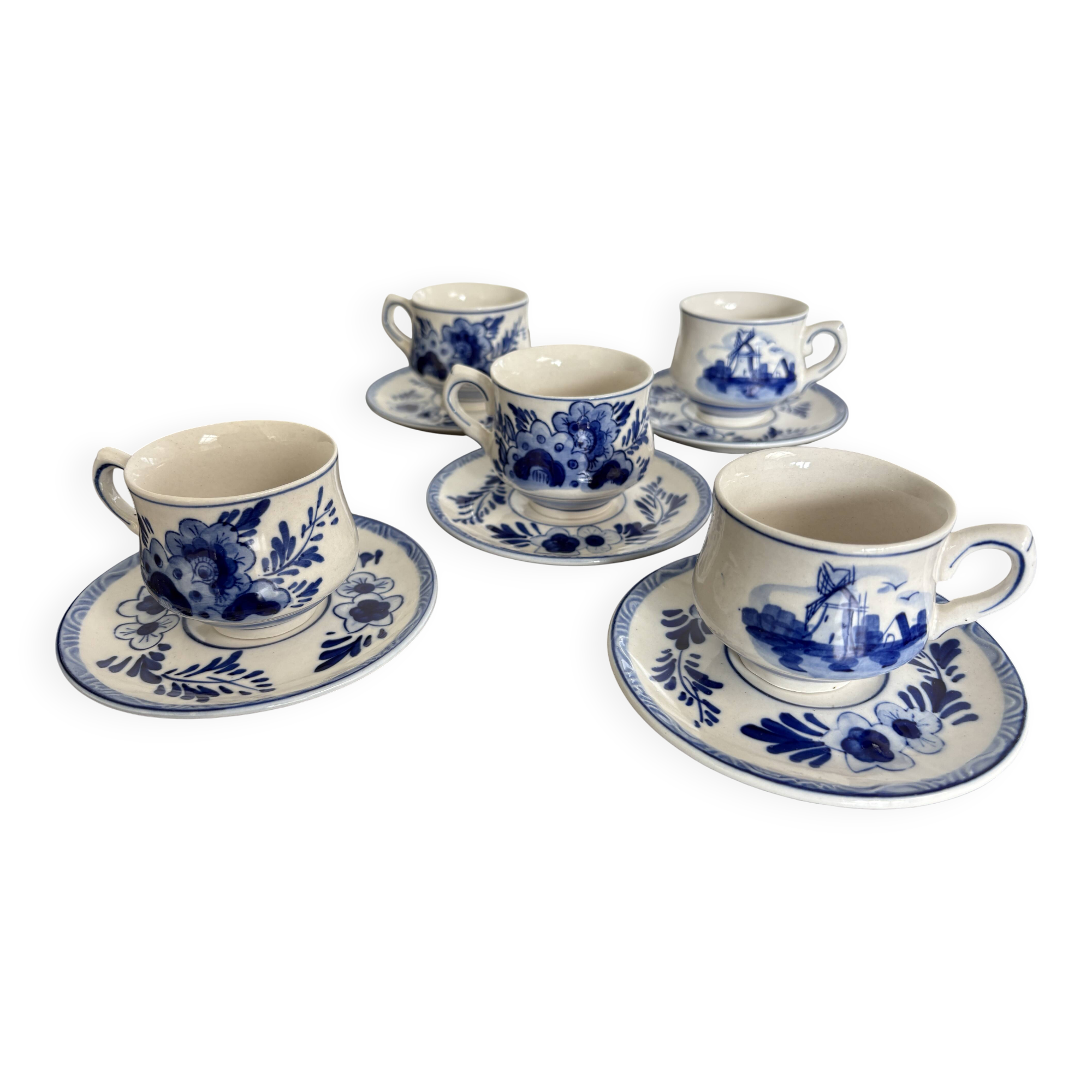 Vintage Dutch Delft Blue earthenware service for 5 cups and saucers.