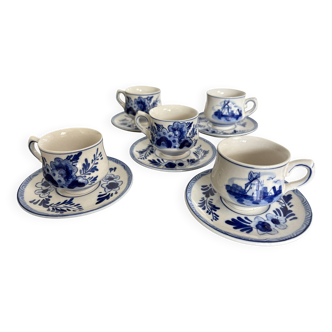 Vintage Dutch Delft Blue earthenware service for 5 cups and saucers.