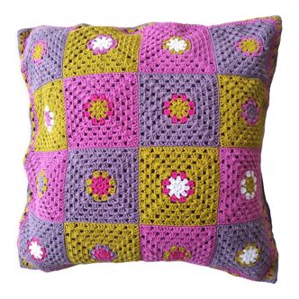 Vintage cushion made with multicolored crochet square shape