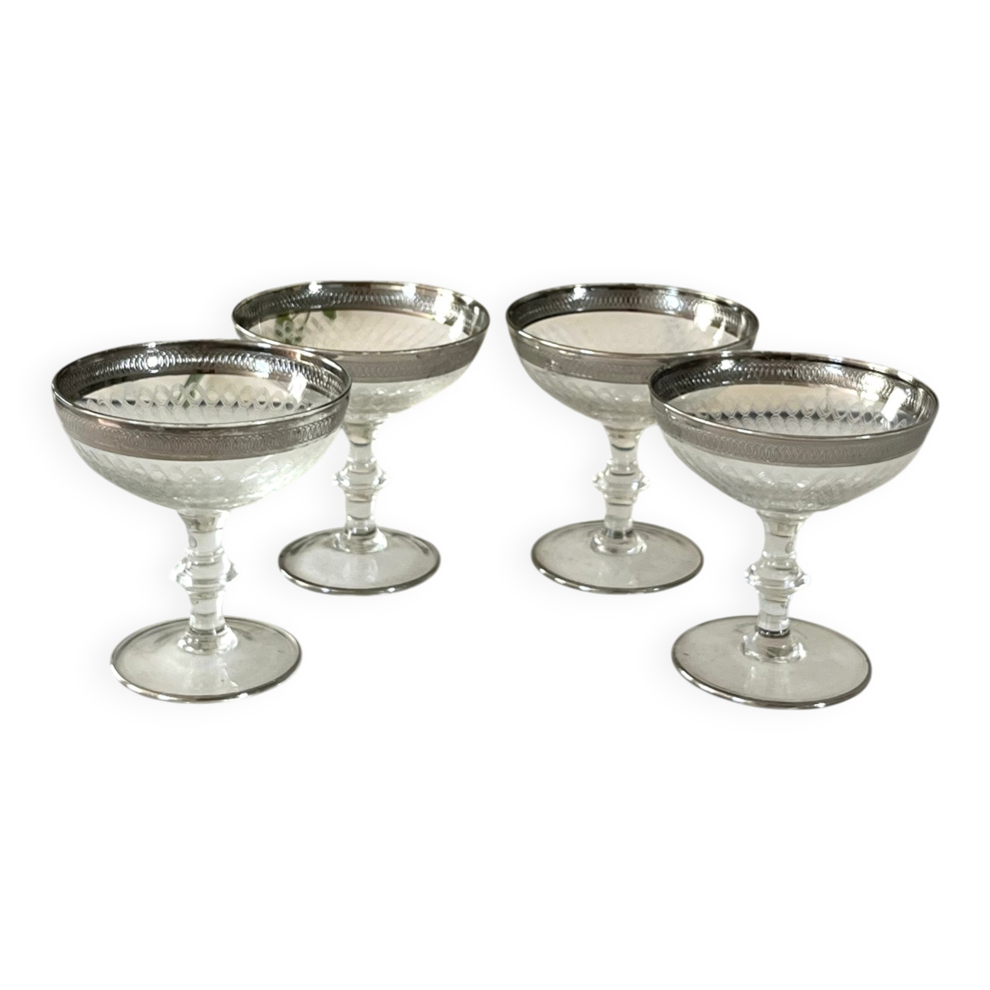 Etched silver rim cocktail coupe glasses set mid century barware