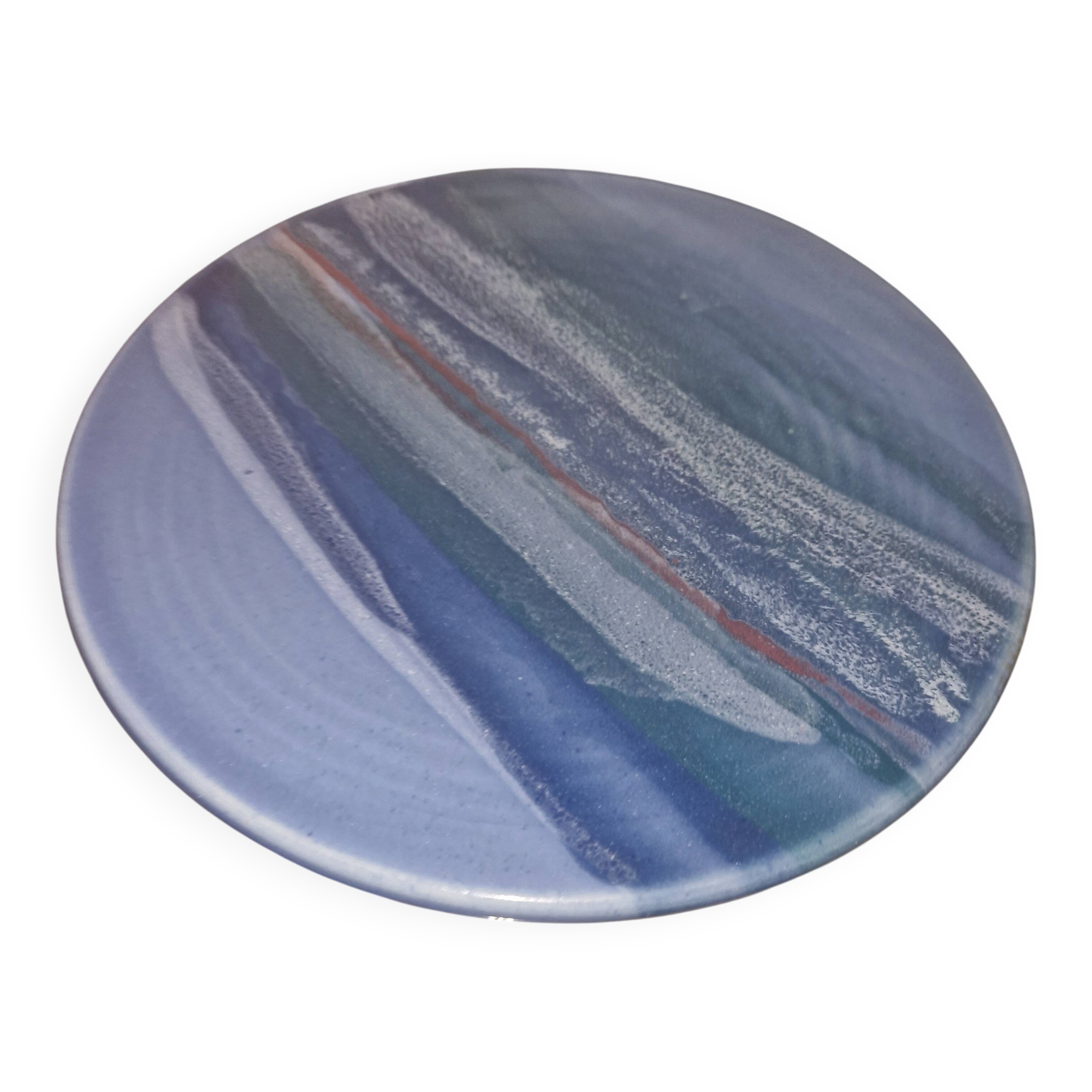 Plat rond en céramique d'art bleue - Signé Robinson
