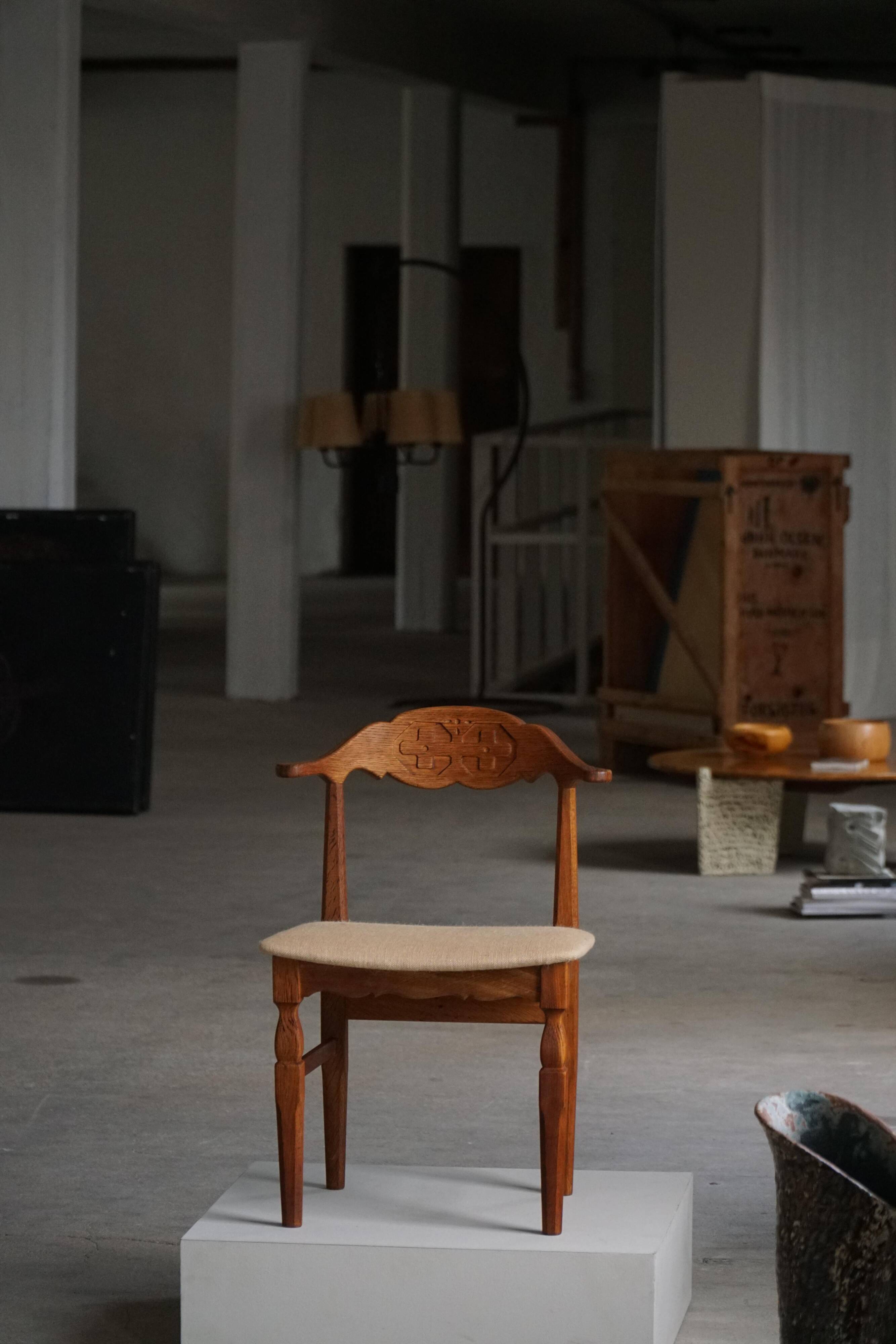 Henning Kjærnulf, set of 8 oak chairs with jute fabric, mid-century Danish, 1960s.