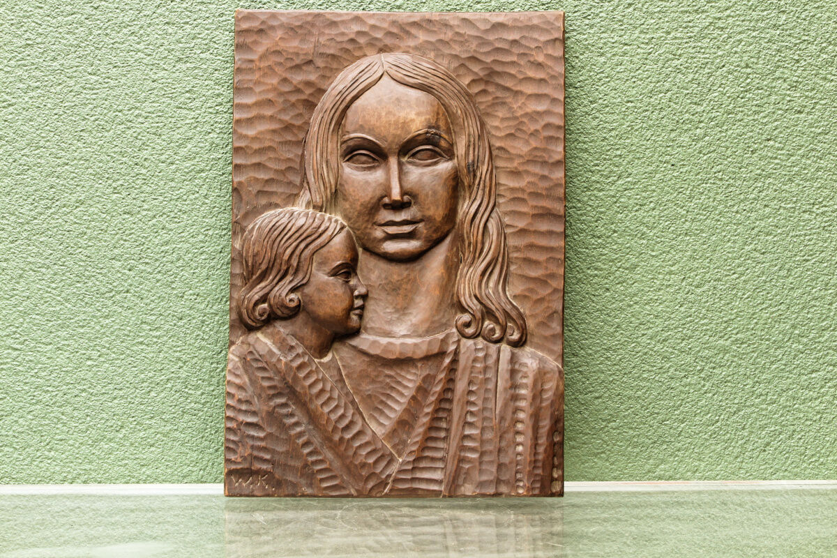Modernist bas-relief, Virgin and Child, carved wood, signed