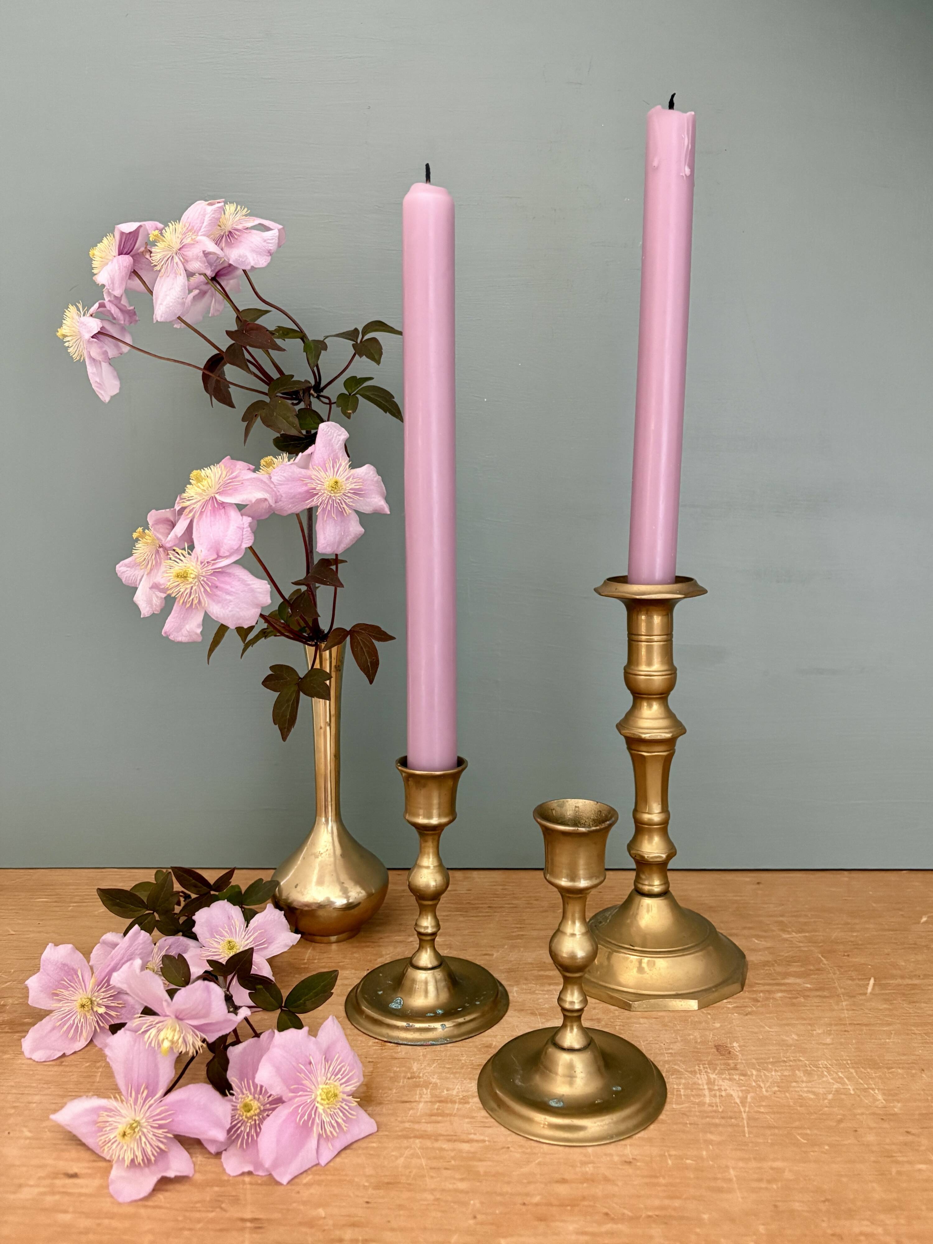 Set of 3 antique brass candle holders/candelabra.
