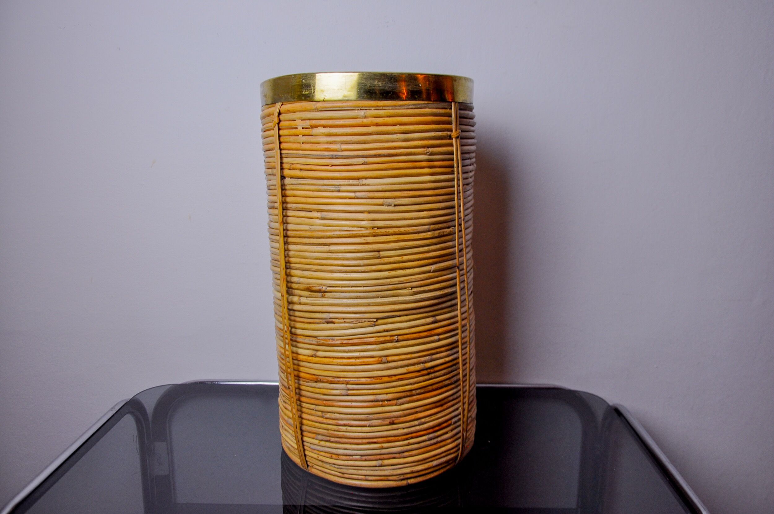 Rattan and brass umbrella stand, Italy, 1970