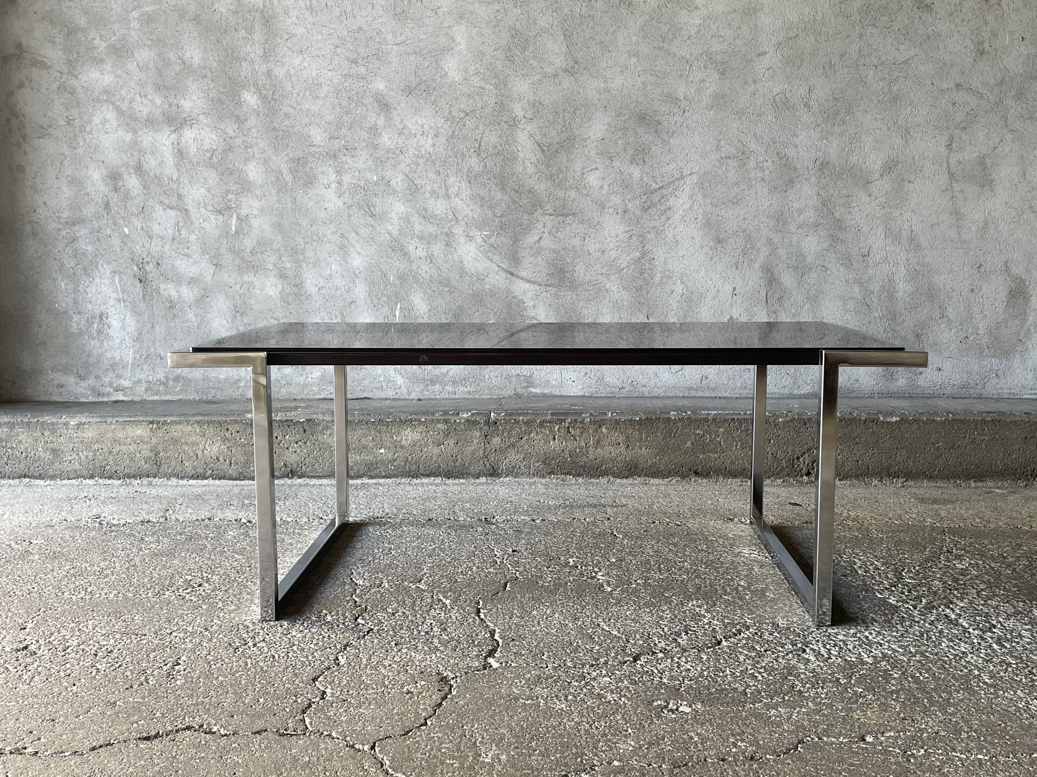Coffee table in chromed metal and smoked glass, 1970s