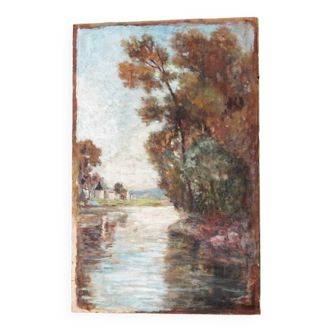 Oil on hardboard, riverside