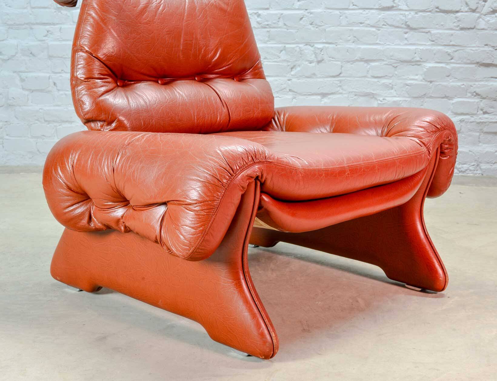 Brutalist Sculptured Brazilian Style Cognac Leather Lounge Chair, 1970s