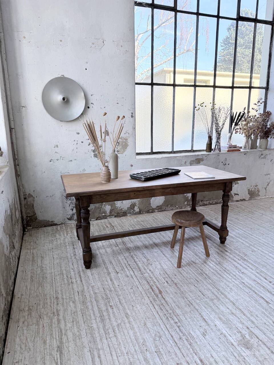 Farm table with turned legs, made of pine and birch, 180cm.