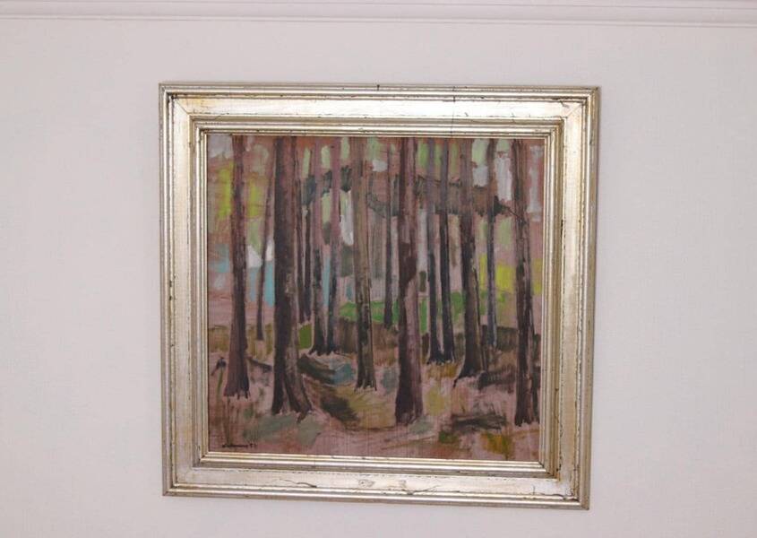 Original mid-century Swedish oil on panel – “Tree Trunks” by Harry Wichmann – dated 1953 – vintage & framed – 69 × 71 cm