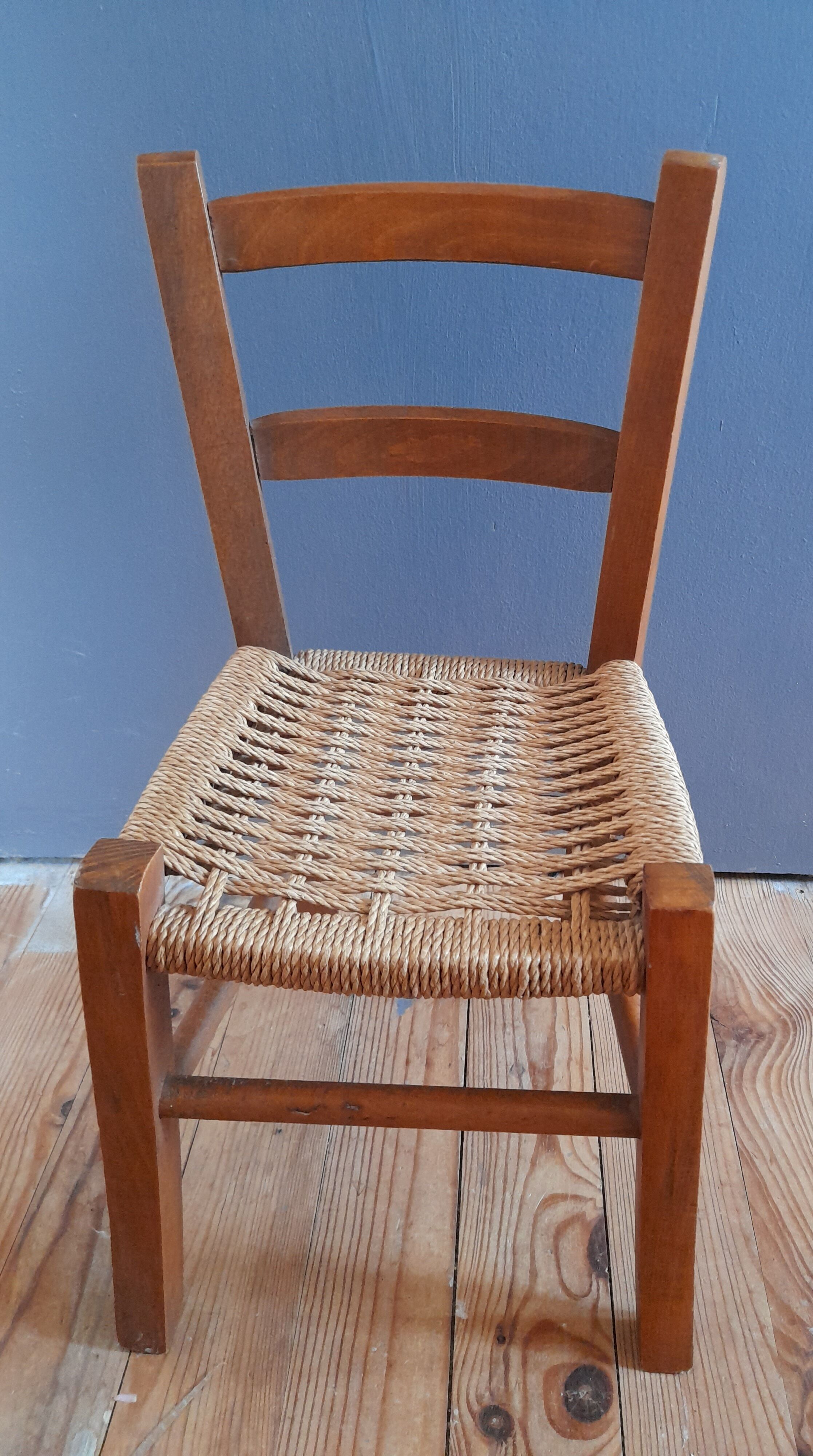 Wooden children's chair, rope seat, circa 1950