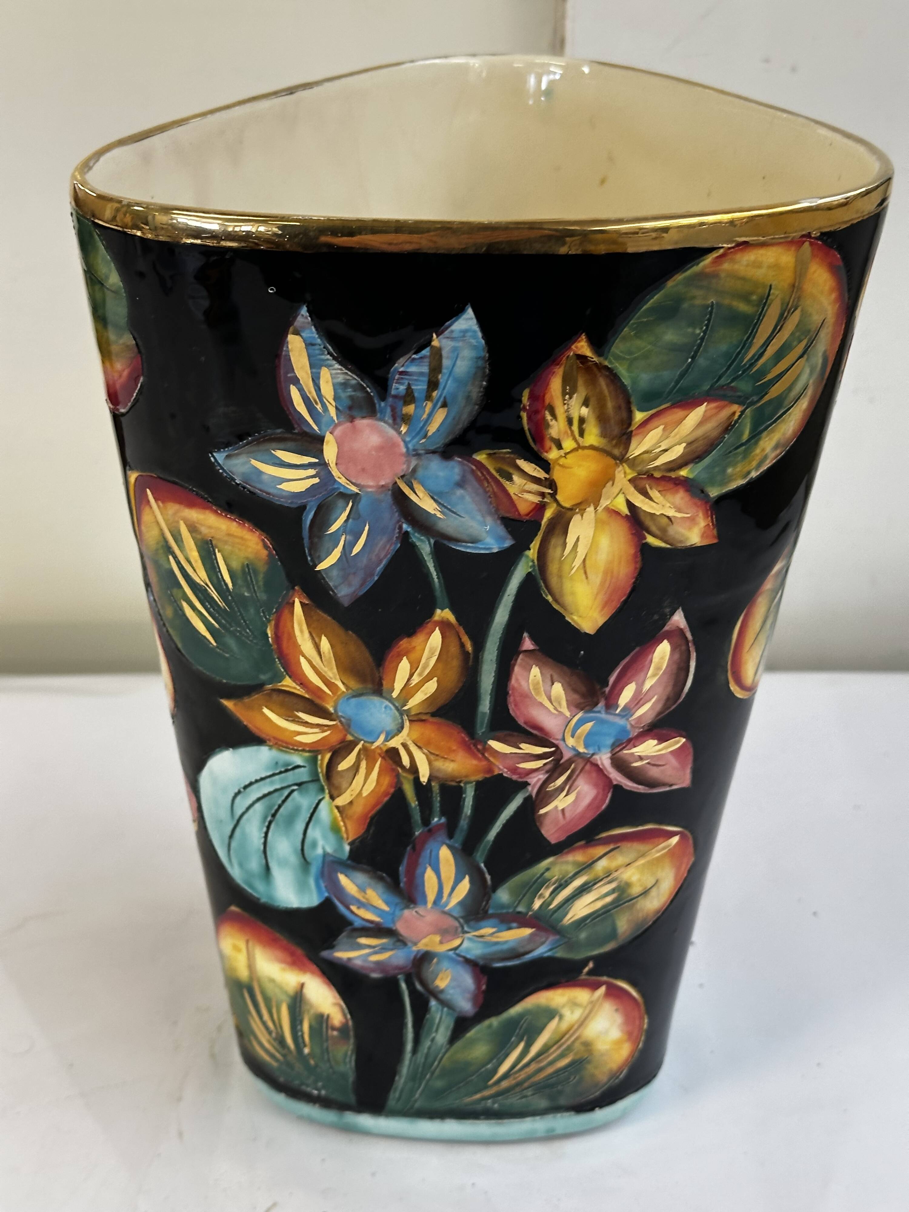 Grand Vase Vallauris Décor Floral peint à la main H 30 cm