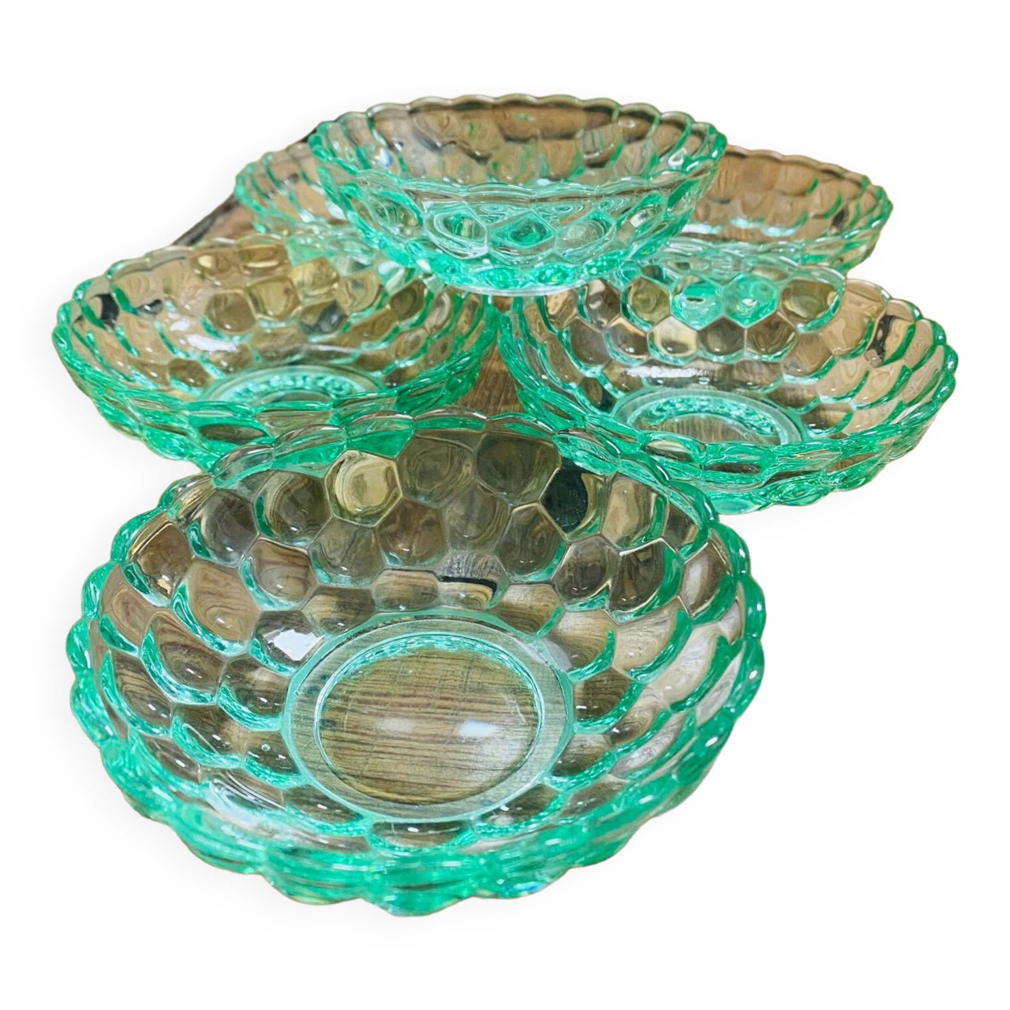 6 dessert, ice cream or fruit cups in pressed glass Pierre d'Avesn Art Deco 1930.