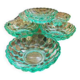 6 dessert, ice cream or fruit cups in pressed glass Pierre d'Avesn Art Deco 1930.