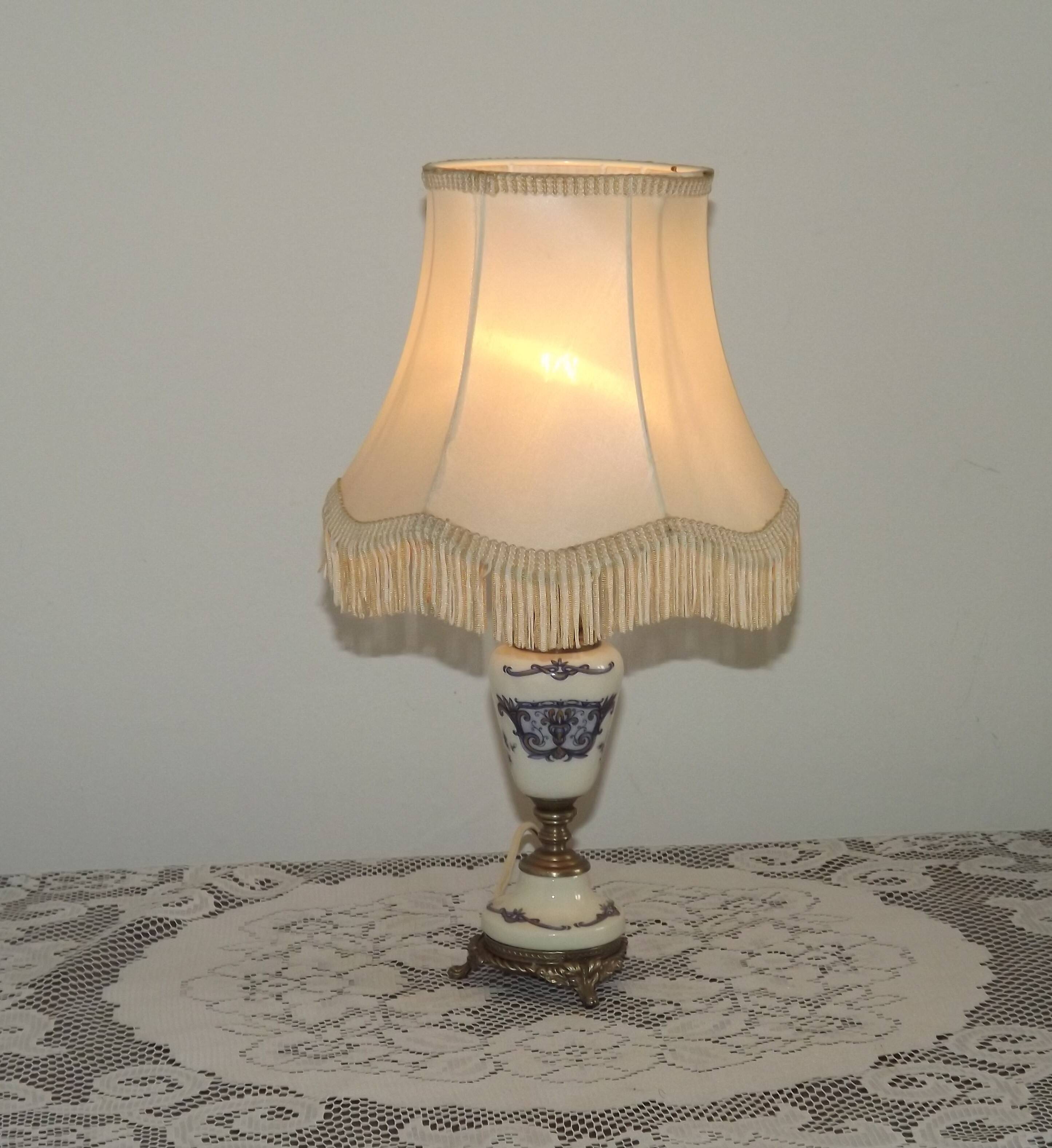 French Vintage Decorative Silver Metal and Porcelain Shaded Table Lamp