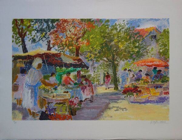 Lithographie ''Marché place des Carmes'' signée Yvonne Cheffer Delouis