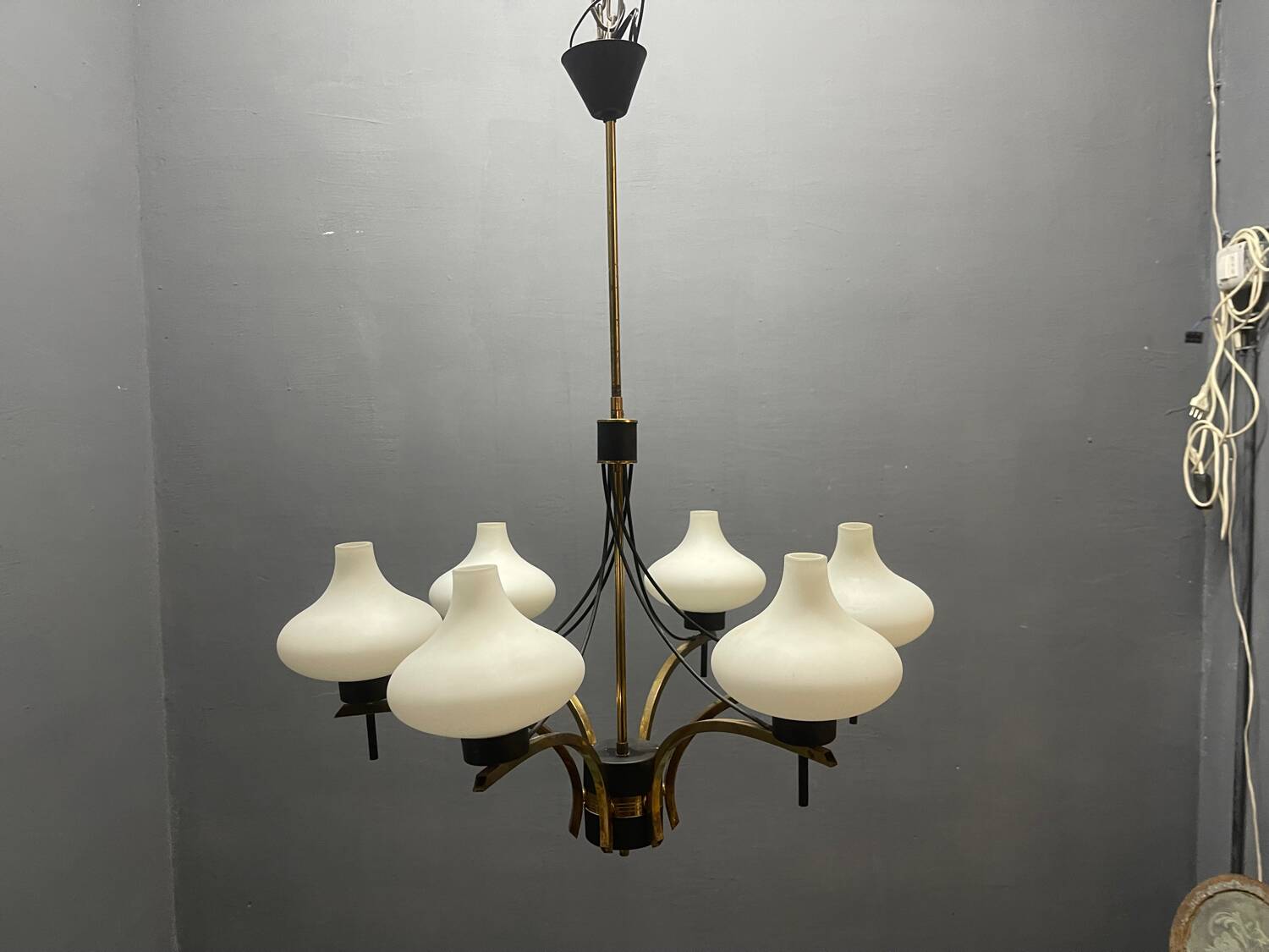 1950s Brass & Opaline Glass Six-Light Chandelier