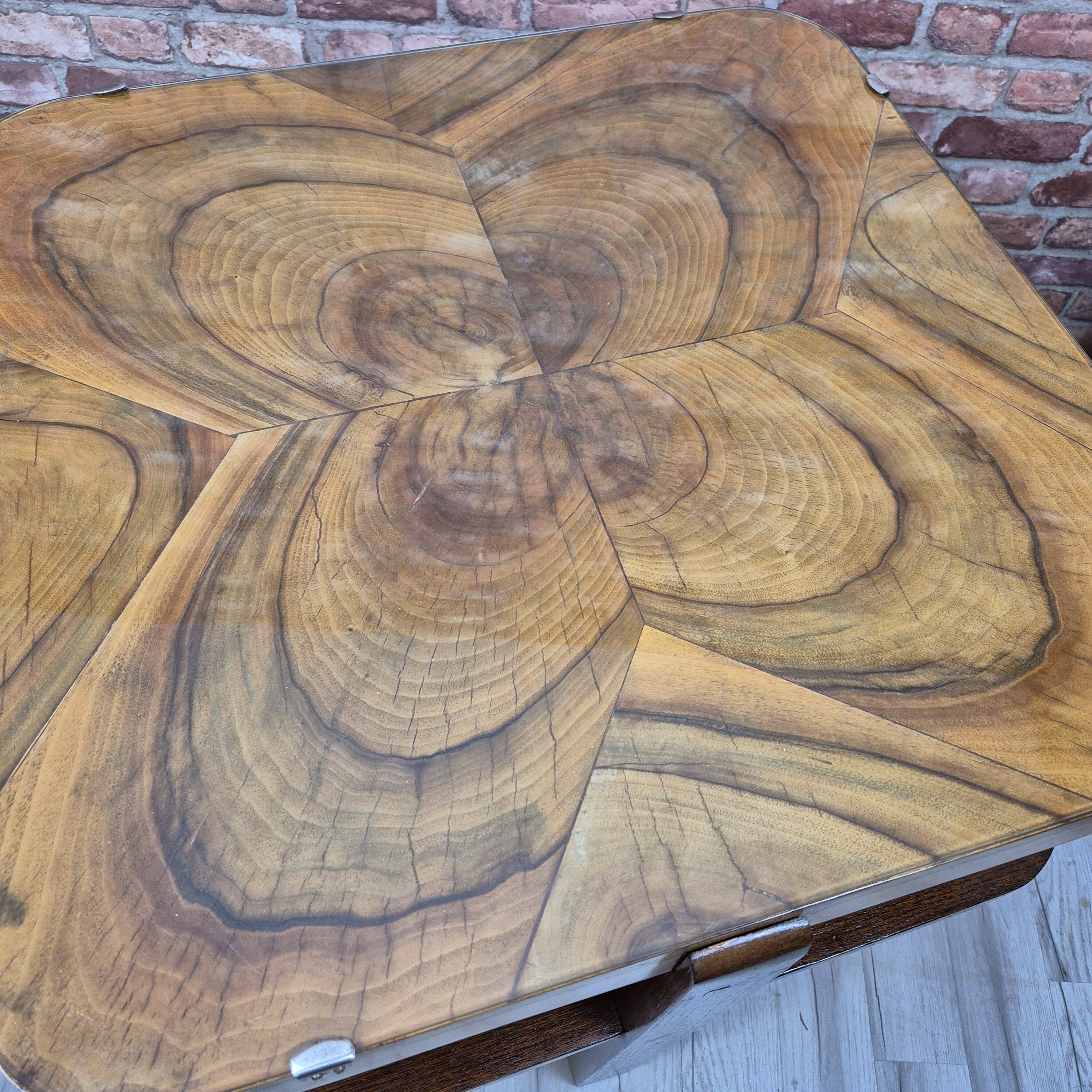 Restored Art Deco Walnut and Oak Side Table with Original Glass 1930s